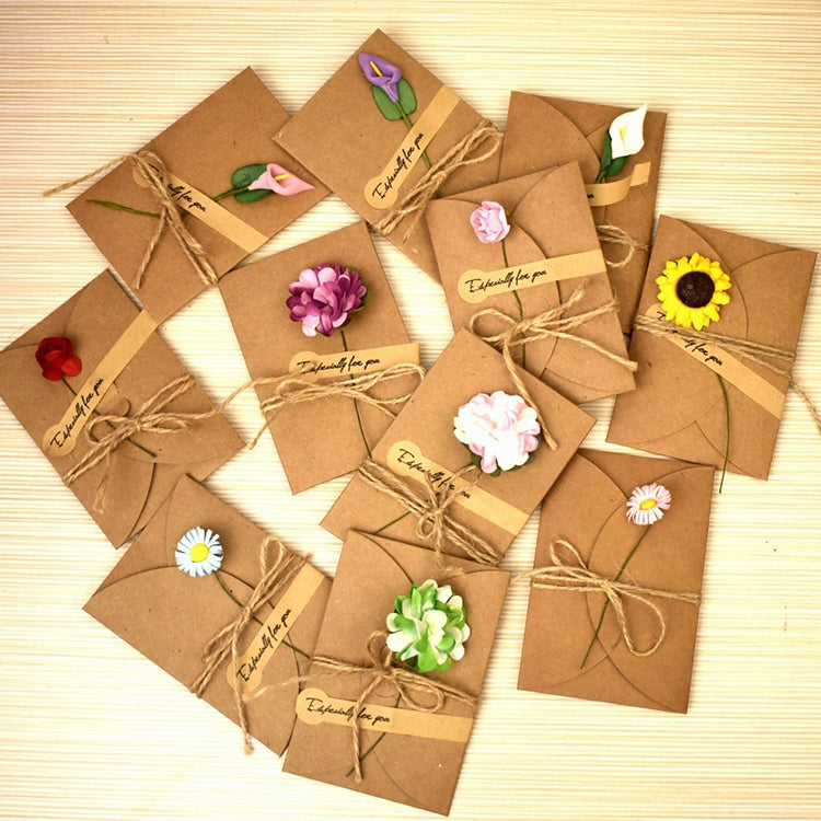 10 ชิ้นเทศกาลสร้างสรรค์ DIY กระดาษคราฟท์ย้อนยุคแฮนด์เมดขนาดเล็กแห้งดอกไม้การ์ดอวยพรการ์ดวันเกิด, Sunflower