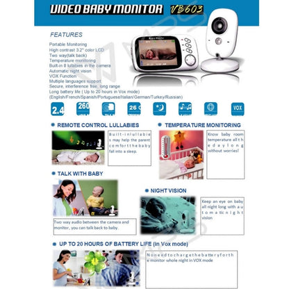 VB603 3.2 นิ้ว LCD 2.4GHz กล้องเฝ้าระวังไร้สาย Baby Monitor, รองรับการพูดคุยสองทาง, Night Vision, VB603