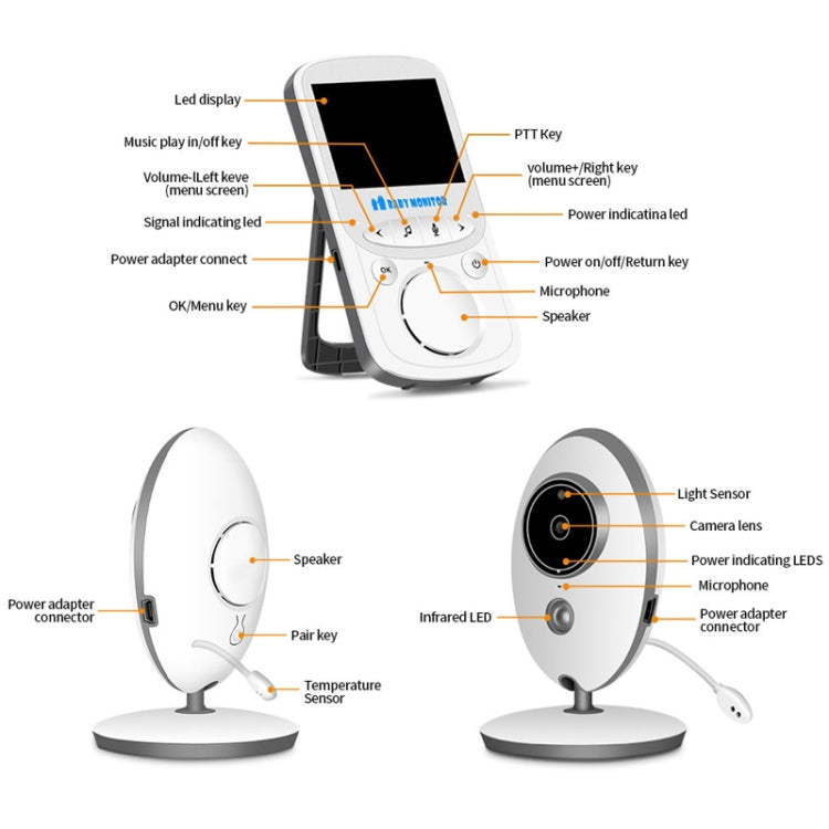 VB605 2.4 นิ้ว LCD 2.4GHz กล้องเฝ้าระวังไร้สาย Baby Monitor, รองรับการพูดคุยสองทาง, Night Vision, VB605