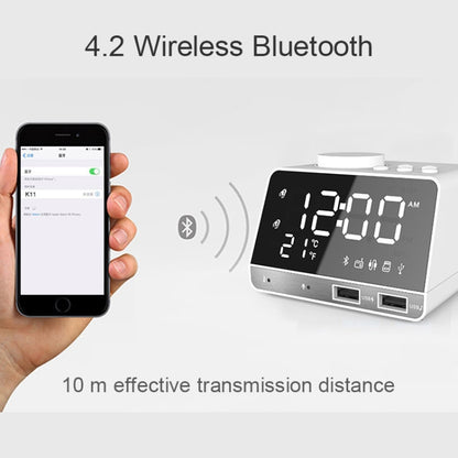 K11 ลำโพงนาฬิกาปลุก Bluetooth นาฬิกาเพลงดิจิตอลสร้างสรรค์วิทยุพร้อมอินเทอร์เฟซ USB คู่รองรับดิสก์ U / การ์ด TF / FM / AUX ปลั๊ก EU, EU Plug(Black), EU Plug(White)