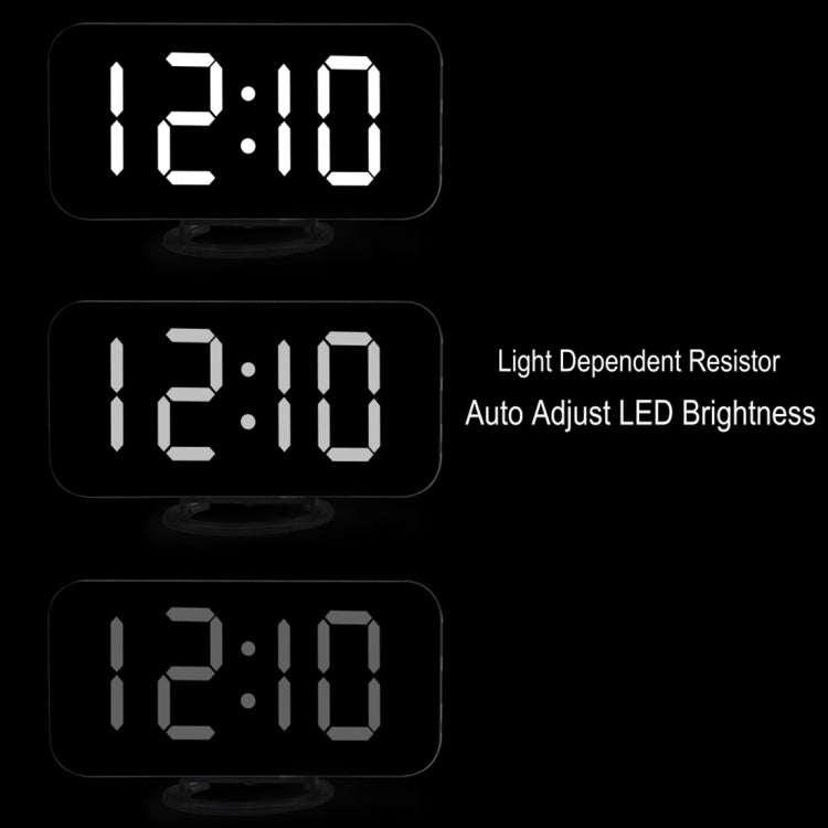 นาฬิกาปลุกจอแสดงผล LED สะท้อนแสงกระจกสร้างสรรค์มัลติฟังก์ชั่นพร้อมฟังก์ชั่นเลื่อนและพอร์ตชาร์จ USB 2 พอร์ต