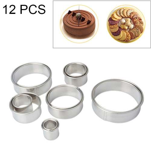 12 ชิ้น / เซ็ตสแตนเลสทรงกลมตัดแม่พิมพ์มูสเค้กโดนัทอบเครื่องมือ, Round Shape(12 PCS / Set)