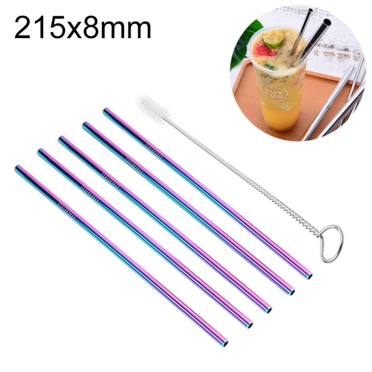 หลอดดื่มตรงสแตนเลสแบบใช้ซ้ำได้ 5 ชิ้น + ชุดแปรงทำความสะอาดชุด 215*8 มม, 215*8mm (Straight)