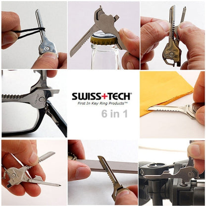 SWISS+TECH พวงกุญแจสแตนเลสอเนกประสงค์ 6 in 1 สำหรับกลางแจ้ง, พวงกุญแจเครื่องมือขนาดเล็กแบบพับได้