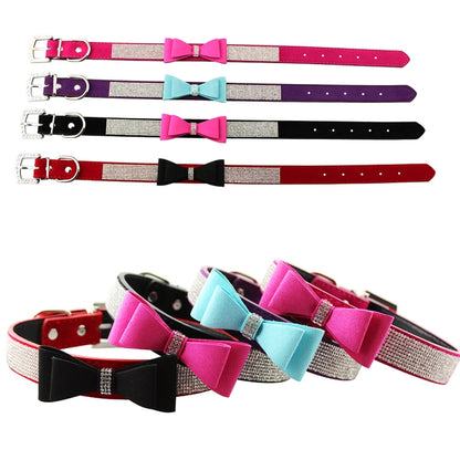 Flocking Diamond Studded Bowknot Pet Collar ปลอกคอสุนัขผลิตภัณฑ์สำหรับสัตว์เลี้ยง, ขนาด: S, 1.5 * 37 ซม., Size: S