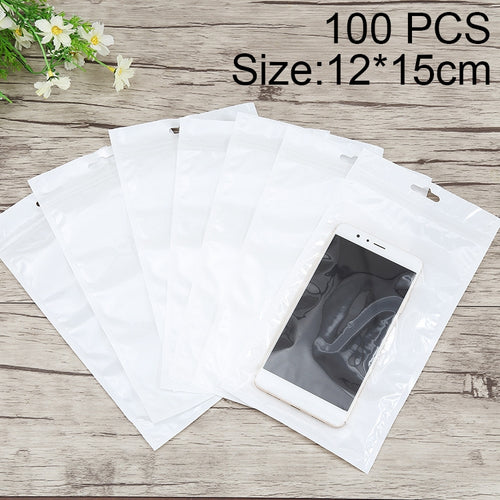 100 ชิ้น 12 เซนติเมตร x 15 เซนติเมตร Hang Hole ด้านหน้าสีขาวเครื่องประดับมุกซิปล็อคถุงบรรจุภัณฑ์, การพิมพ์ที่กำหนดเองและขนาดยินดีต้อนรับ, 12*15cm