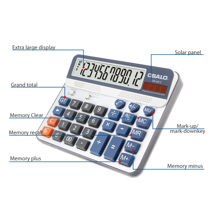 OSALO OS-6815 เครื่องคิดเลขเดสก์ท็อป 12 หลักพลังงานแสงอาทิตย์เครื่องคิดเลขพลังงานคู่, OS-6815