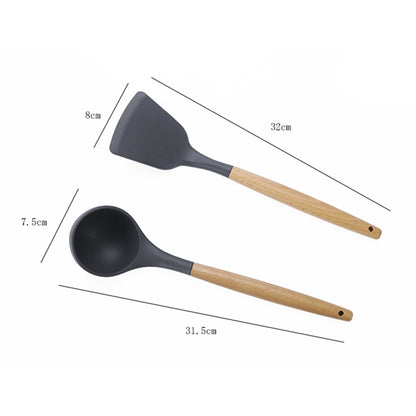 kn020 9 in 1 รุ่นด้ามไม้ซิลิโคนไม่ติดไม้พายช้อนชุดเครื่องมือครัว, A Version