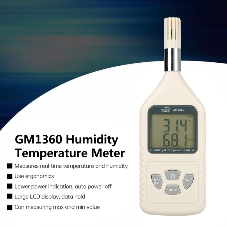BENETECH GM1360 เครื่องวัดอุณหภูมิและความชื้นแบบดิจิตอลสำหรับอุตสาหกรรม LCD Probe, GM1360
