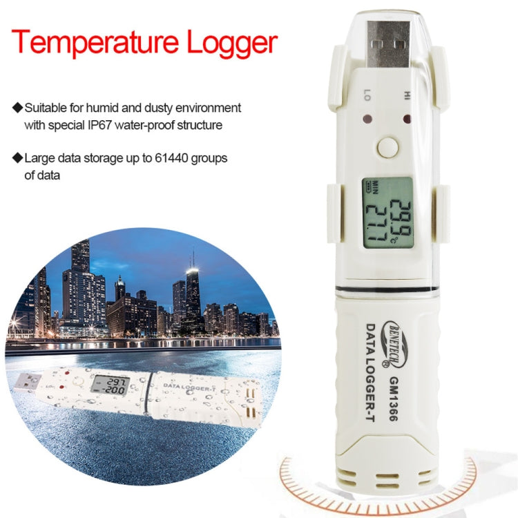 BENETECH GM1366 USB เครื่องบันทึกอุณหภูมิและความชื้นดิจิตอลพร้อมนาฬิกาปลุก, GM1366