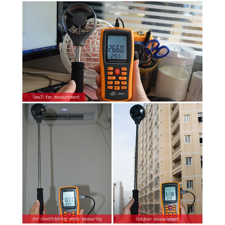 BENETECH GM8902+ จอแสดงผล LCD เครื่องวัดความเร็วลมแบบดิจิตอลเครื่องวัดความเร็วลมการไหลของอากาศ, GM8902+