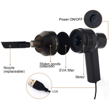 HK-6019A 3.5W แบบพกพา USB เครื่องดูดที่มีประสิทธิภาพแป้นพิมพ์คอมพิวเตอร์แปรงหัวฉีดฝุ่นมือถือ Sucker ชุดทำความสะอาดสำหรับทำความสะอาดแล็ปท็อปพีซี / สัตว์เลี้ยง, ความยาวสาย USB: 1.8 ม., DC 5V (สีดำ)