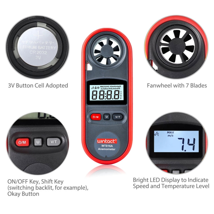 Wintact WT816A เทอร์โมมิเตอร์ดิจิตอลอิเล็กทรอนิกส์เครื่องวัดความเร็วลม, WT816A