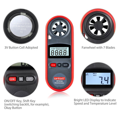 Wintact WT816A เทอร์โมมิเตอร์ดิจิตอลอิเล็กทรอนิกส์เครื่องวัดความเร็วลม, WT816A