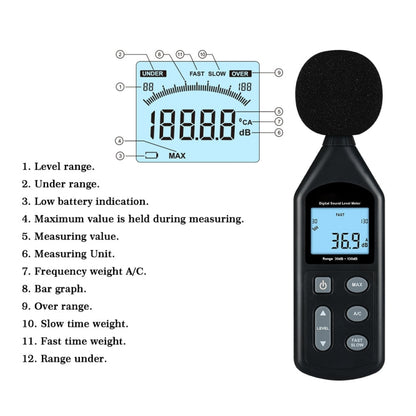 Wintact WT1357 เครื่องวัดระดับเสียงดิจิตอล ช่วง: 30dB~130dB, WT1357