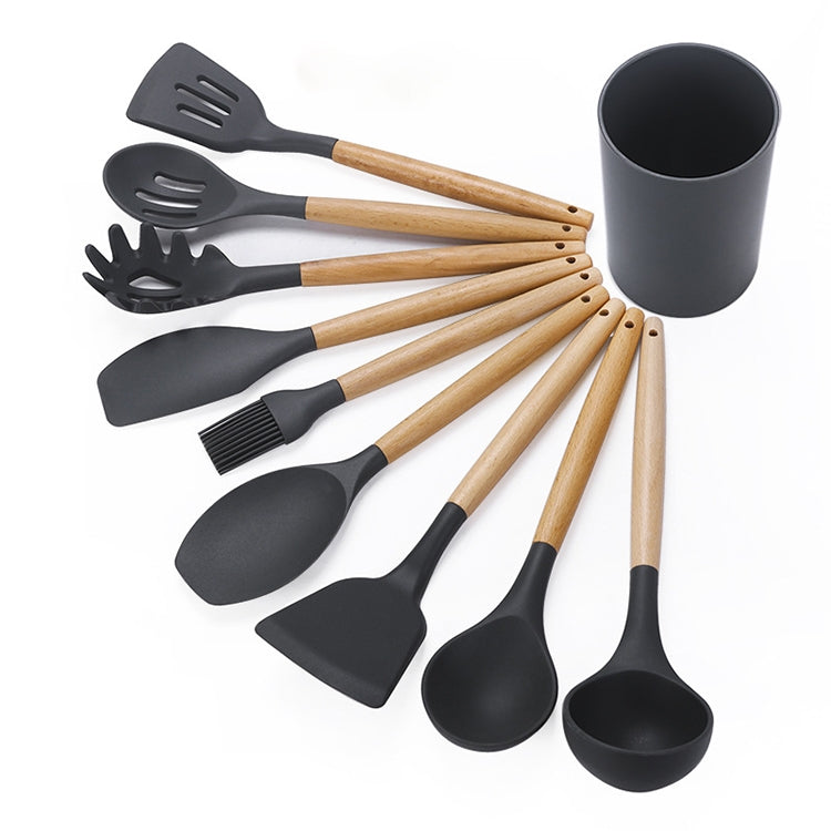 kn082 ชุดเครื่องมือครัวซิลิโคนด้ามไม้ 9 in 1 พร้อมถังเก็บของ, Black, Pink, Green