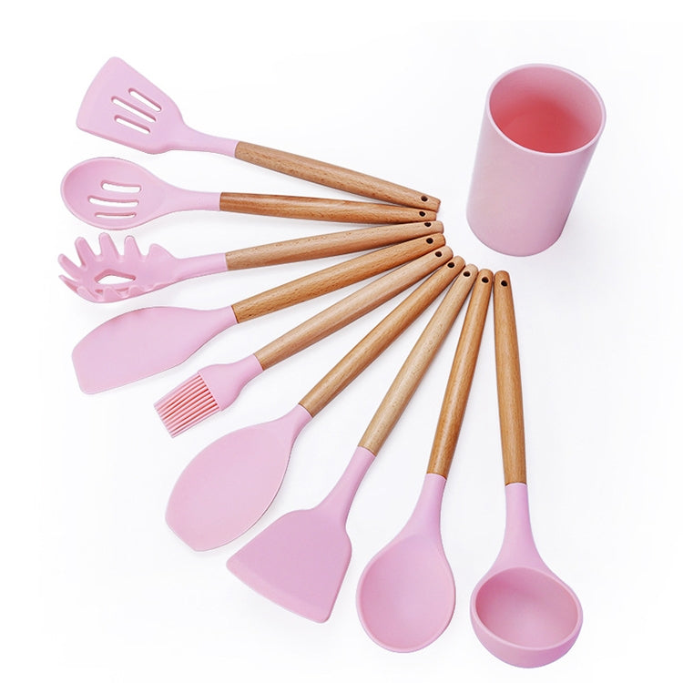 kn082 ชุดเครื่องมือครัวซิลิโคนด้ามไม้ 9 in 1 พร้อมถังเก็บของ, Black, Pink, Green
