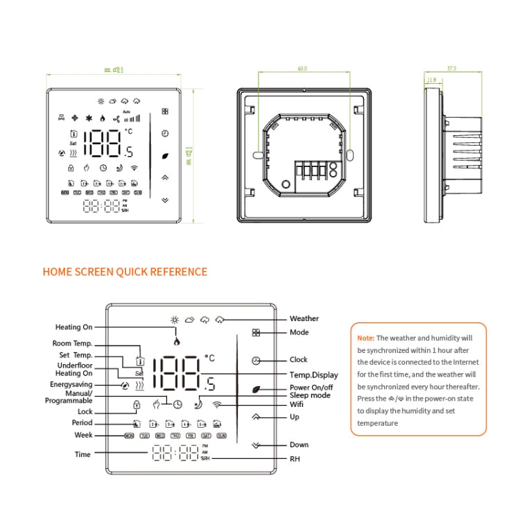 BHT-006GBLW 95-240V AC 16A เครื่องควบคุมความร้อนในบ้านอัจฉริยะสำหรับกล่อง EU ควบคุมเครื่องทำความร้อนไฟฟ้าด้วยเซนเซอร์ภายในและเซนเซอร์ภายนอกและการเชื่อมต่อ WiFi เท่านั้น, BHT-006GBLW