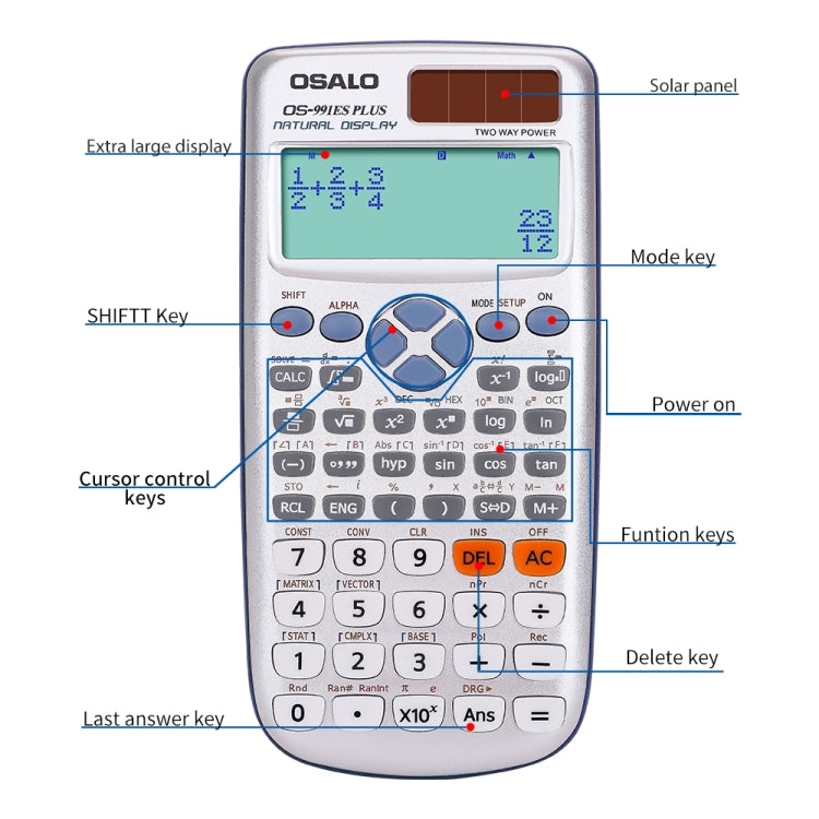 OSALO OS-991ES PLUS 10 + 2 หลักฟังก์ชั่นนักเรียนอเนกประสงค์เครื่องคิดเลขวิทยาศาสตร์พลังงานแสงอาทิตย์ Dual Power เครื่องคิดเลข, OS-991ES