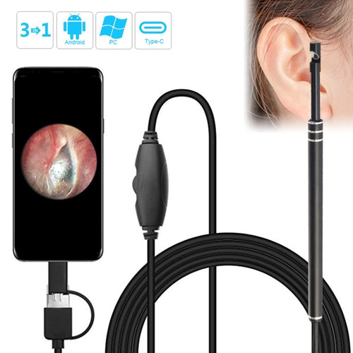 I96 3 ใน 1 USB การตรวจสอบขอบเขตหูกล้อง HD 0.3MP ภาพช้อนหูสำหรับโทรศัพท์ Android OTG และพีซีและ MacBook สายเคเบิลยาว 1.85 ม., 3 in 1 Black  0.3MP