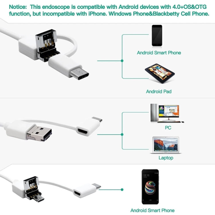 I95 3 ใน 1 USB การตรวจสอบขอบเขตหูกล้อง HD 0.3MP ภาพช้อนหูสำหรับโทรศัพท์ Android OTG และพีซีและ MacBook สายเคเบิลยาว 1.75 ม., 3 in 1 White  0.3MP
