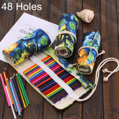 48 ช่อง Van Gogh ภาพวาดพิมพ์ปากกาผ้าใบดินสอห่อผ้าม่าน Roll Up ดินสอกรณีเครื่องเขียนกระเป๋า, 48 Slots
