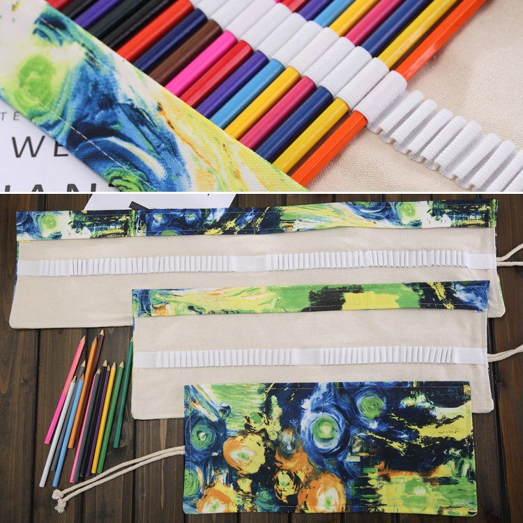 72 ช่อง Van Gogh ภาพวาดพิมพ์ปากกาผ้าใบดินสอห่อผ้าม่าน Roll Up ดินสอกรณีเครื่องเขียนกระเป๋า, 72 Slots