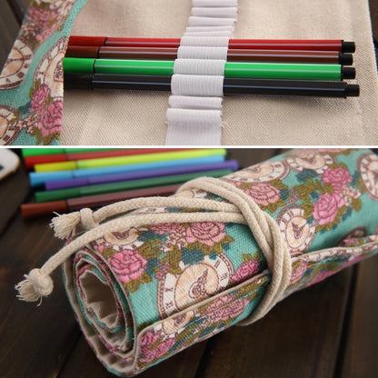 36 ช่อง Rose นาฬิกาพิมพ์ปากกาผ้าใบดินสอห่อผ้าม่าน Roll Up กล่องดินสอกระเป๋าเครื่องเขียน, 36 Slots