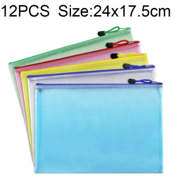 กระเป๋าเครื่องเขียนตาข่ายพลาสติกซิป 12 ชิ้นจัดส่งสีแบบสุ่ม (A5 ขนาด: 24x17.5 ซม.), A5, Size: 24x17.5cm