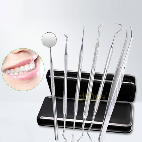 ชุดเครื่องมือทันตกรรม 6 in 1 (หัววัดสแตนเลส + ทันตแพทย์รูปจอบ + ทันตแพทย์เคียว + อุปกรณ์กำจัดคราบฟัน + แหนบทันตกรรม + กระจกปาก), 6 in 1