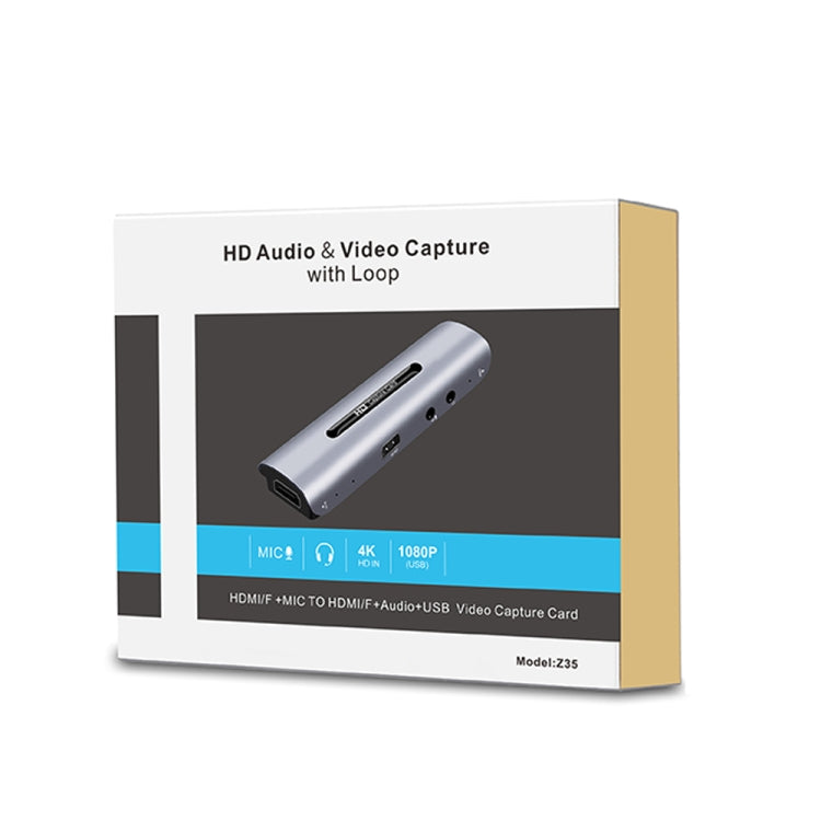 Z35 HDMI Female + Mic to HDMI Female + Audio + USB HD การ์ดจับภาพวิดีโอและเสียงพร้อม Loop, Z35