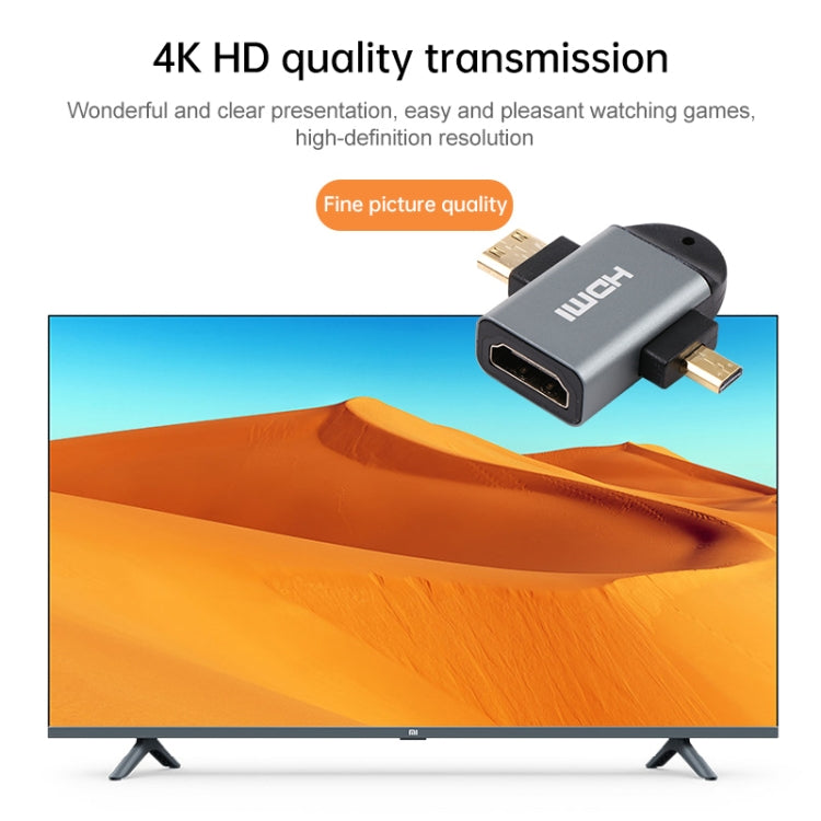 2 ใน 1 มินิ HDMI ชาย + ไมโคร HDMI ชายกับ HDMI หญิงอะแดปเตอร์หัวชุบทอง, Mini HDMI Male+Micro HDMI Male to HDMI Female