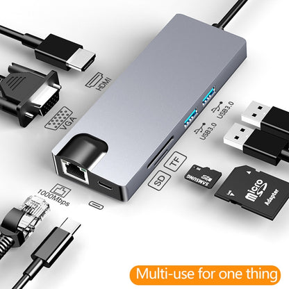 HW-TC12 8 In 1 Type-C / USB-Cมัลติฟังก์ชั่ขยายHUBอะแดปเตอร์Hdmi/Vga Hub Card Reader + การ์ดเครือข่าย