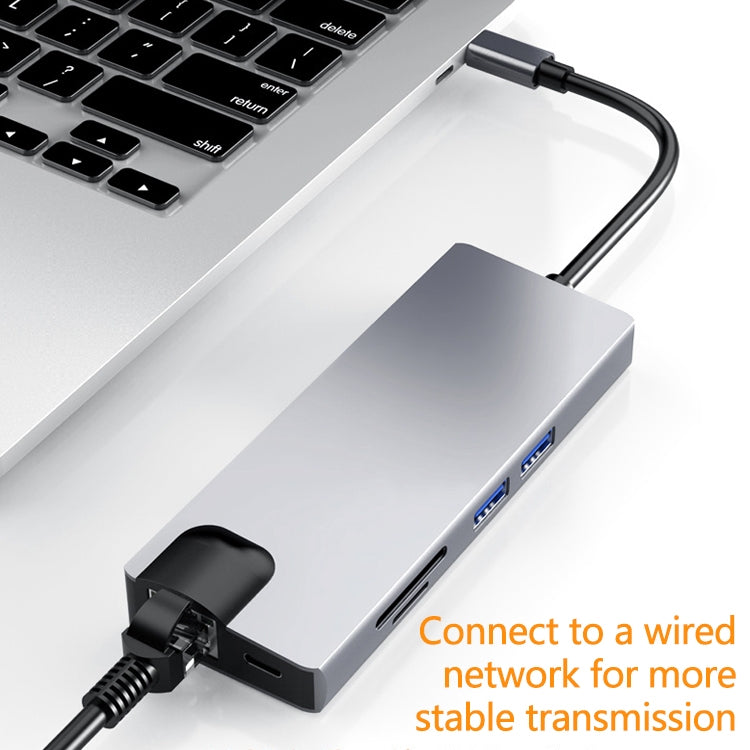HW-TC12 8 In 1 Type-C / USB-Cมัลติฟังก์ชั่ขยายHUBอะแดปเตอร์Hdmi/Vga Hub Card Reader + การ์ดเครือข่าย