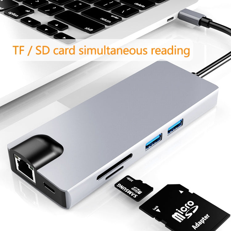 HW-TC12 8 In 1 Type-C / USB-Cมัลติฟังก์ชั่ขยายHUBอะแดปเตอร์Hdmi/Vga Hub Card Reader + การ์ดเครือข่าย