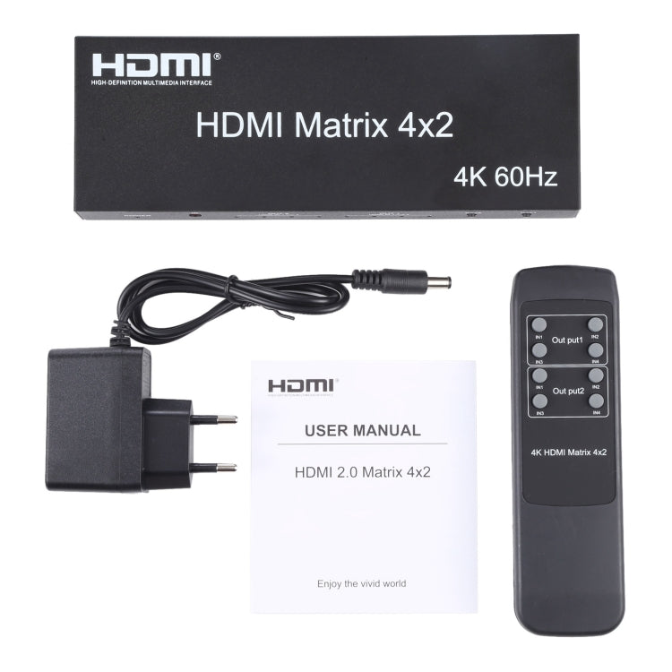 HDMI 4x2 Matrix Switcher / Splitter พร้อมรีโมทคอนโทรลรองรับ ARC / MHL / 4Kx2K / 3D, อินพุต HDMI 4 พอร์ต, เอาต์พุต HDMI 2 พอร์ต, Support ARC / MHL / 4Kx2K / 3D