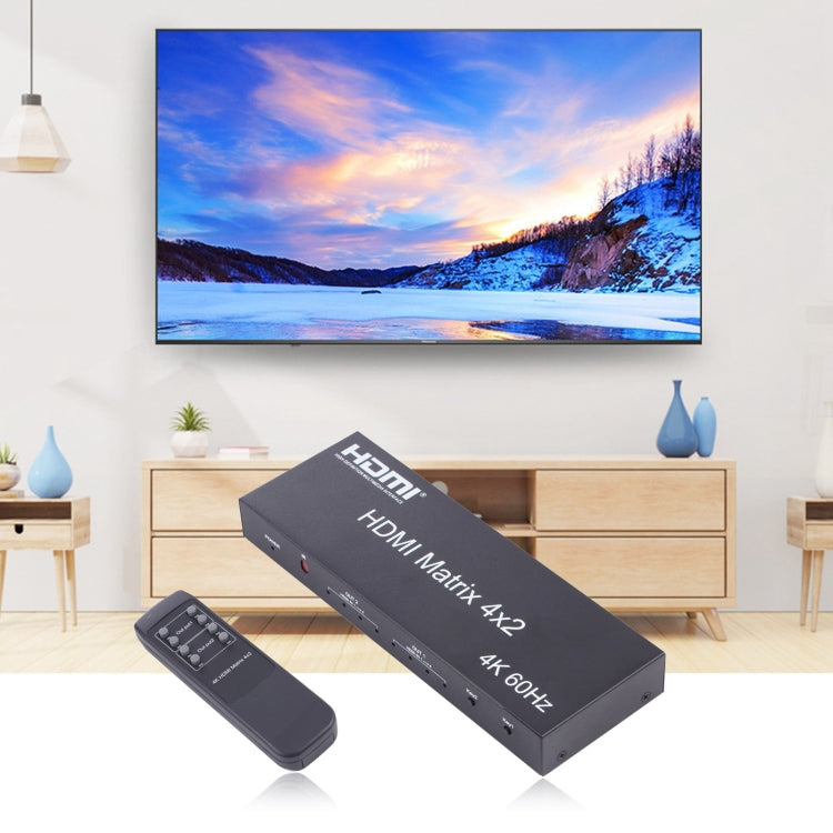 HDMI 4x2 Matrix Switcher / Splitter พร้อมรีโมทคอนโทรลรองรับ ARC / MHL / 4Kx2K / 3D, อินพุต HDMI 4 พอร์ต, เอาต์พุต HDMI 2 พอร์ต, Support ARC / MHL / 4Kx2K / 3D