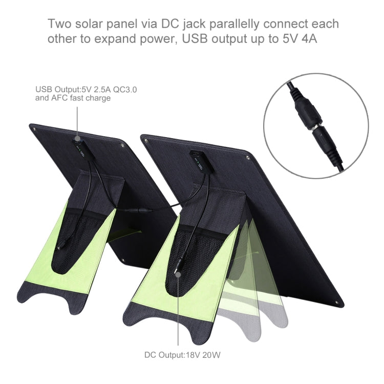 เครื่องชาร์จแผงพลังงานแสงอาทิตย์ Monocrystalline Silicon แบบพกพา HAWEEL 20W พร้อมพอร์ต USB และที่ยึด & คลิปเสือ รองรับ QC3.0 และ AFC