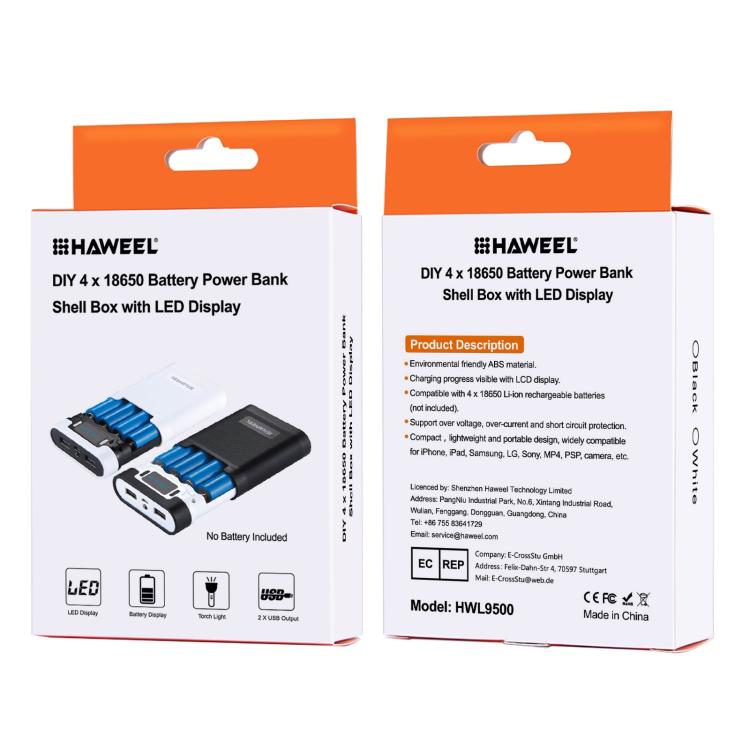 แบตเตอรี่ HAWEEL DIY 4 x 18650 (ไม่รวม) กล่องเชลล์ Power Bank 10000mAh พร้อมเอาต์พุตและจอแสดงผล USB 2 x สำหรับ iPhone, Galaxy, Sony, HTC, Google, Huawei, Xiaomi, Lenovo และสมาร์ทโฟนอื่น ๆ, DIY 4 x 18650 10000mAh  Battery (US)
