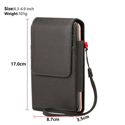 สำหรับโทรศัพท์ขนาด 6.7 นิ้วและต่ำกว่าเนื้อลิ้นจี่มัลติฟังก์ชั่น Universal Vertical Flip Upright Double Lattice กระเป๋าหนัง PU กระเป๋าคาดเอวพร้อมช่องเสียบการ์ดและคลิปหนีบเข็มขัดและเชือกเส้นเล็ก, For 6.7 inch and Below Phones