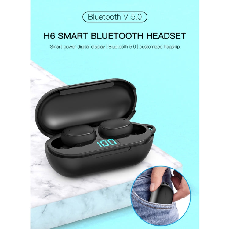 H6 TWS Bluetooth 5.0 หูฟังไร้สาย Bluetooth พร้อมจอแสดงผลดิจิตอลและกล่องชาร์จ รองรับการโทร Siri และ HD