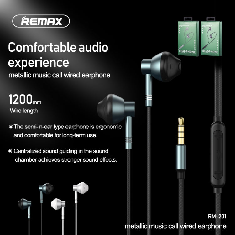 REMAX RM-201 หูฟังเพลงโลหะสเตอริโอในหูพร้อมระบบควบคุมสายไฟ + MIC รองรับแฮนด์ฟรี