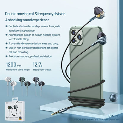 REMAX RM-595 หมุดทอง 3.5 มม. ในหูสเตอริโอ Double-action Metal Music หูฟัง พร้อมระบบควบคุมสายไฟ + MIC รองรับแฮนด์ฟรี