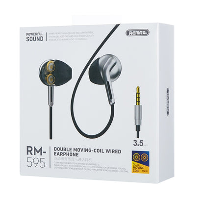 REMAX RM-595 หมุดทอง 3.5 มม. ในหูสเตอริโอ Double-action Metal Music หูฟัง พร้อมระบบควบคุมสายไฟ + MIC รองรับแฮนด์ฟรี