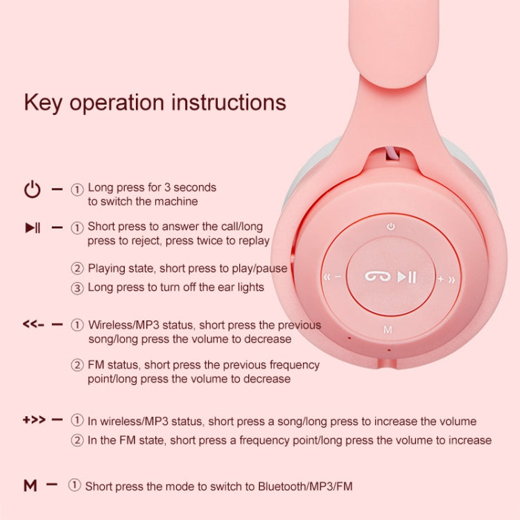 M6 Luminous Cat Ears ชุดหูฟัง Bluetooth แบบพับได้สองสีพร้อมแจ็ค 3.5 มม. และช่องเสียบการ์ด TF, Two-color Pink, Two-color Purple, Two-color White
