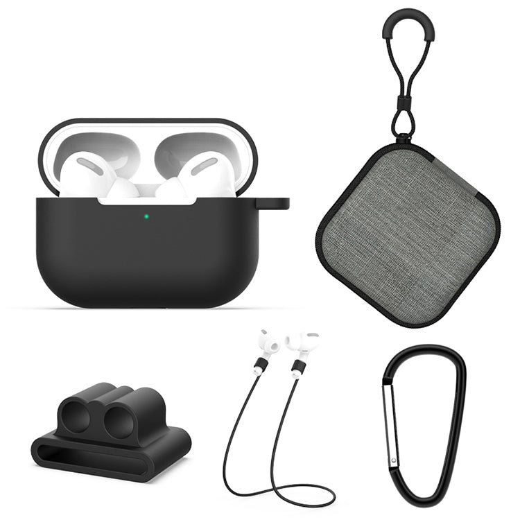 สำหรับ AirPods Pro 5 in 1 ซิลิโคนหูฟังเคส + กระเป๋าหูฟัง + หัวเข็มขัดหูฟัง + ตะขอ + ชุดเชือกป้องกันการสูญหาย, For AirPods Pro
