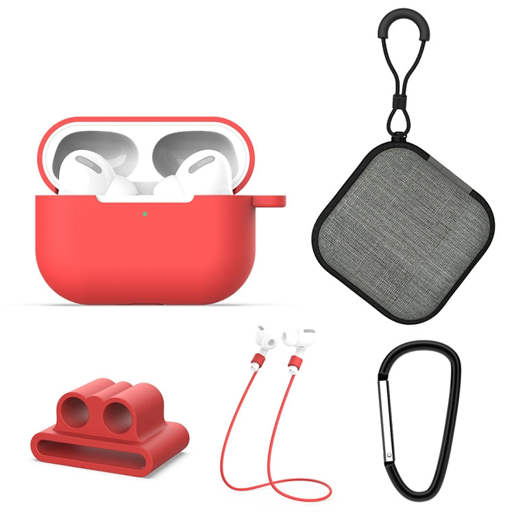 สำหรับ AirPods Pro 5 in 1 ซิลิโคนหูฟังเคส + กระเป๋าหูฟัง + หัวเข็มขัดหูฟัง + ตะขอ + ชุดเชือกป้องกันการสูญหาย, For AirPods Pro
