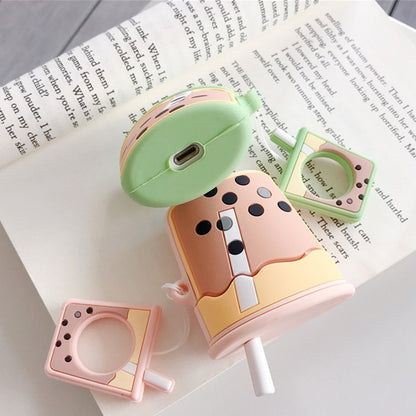 หูฟังไร้สายกันกระแทกชานมไข่มุกซิลิโคนป้องกันสำหรับ Apple AirPods 1/2, Orange, Green, Purple, Apricot