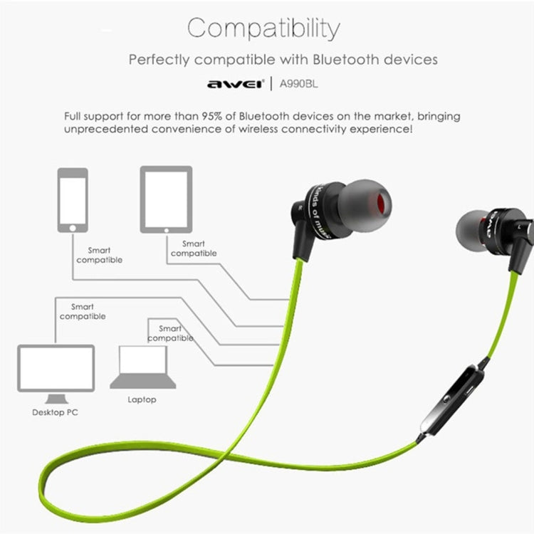 AWEI A990BL หูฟังสเตอริโอ Bluetooth ไร้สายพร้อมระบบควบคุมสายไฟ + ไมโครโฟนรองรับการโทรแบบแฮนด์ฟรี