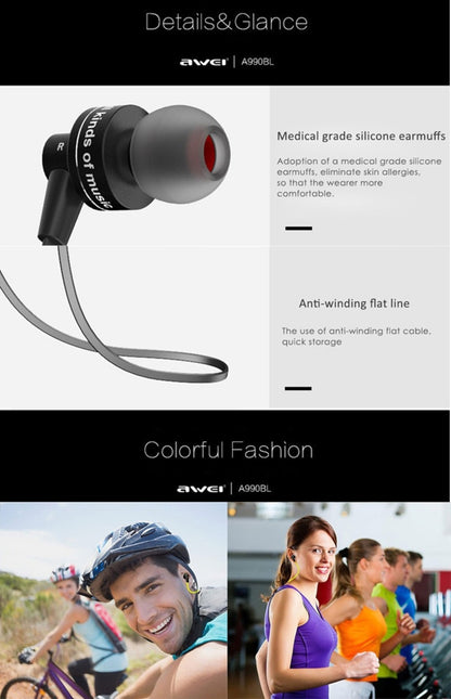 AWEI A990BL หูฟังสเตอริโอ Bluetooth ไร้สายพร้อมระบบควบคุมสายไฟ + ไมโครโฟนรองรับการโทรแบบแฮนด์ฟรี